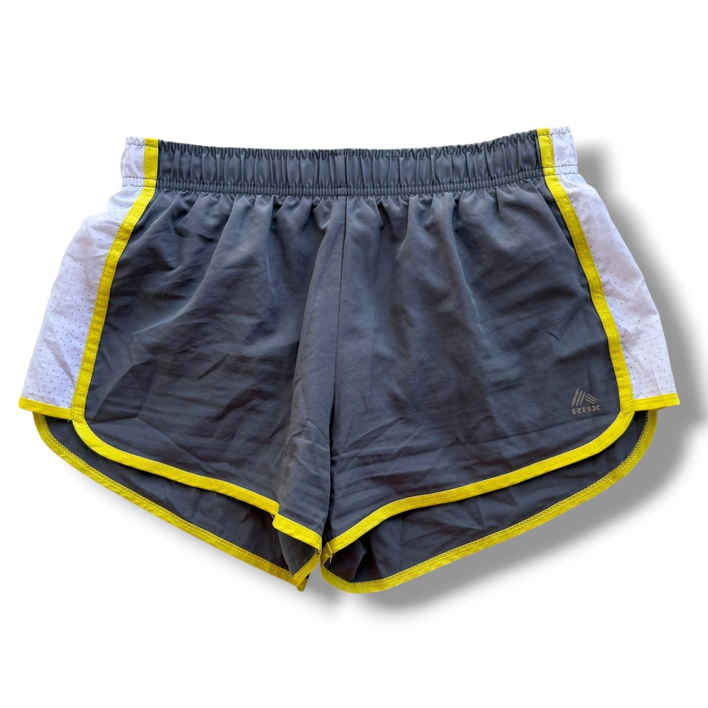 RBX Performance Women S Gray Neon Yellow Mesh Trim Built-in Liner Running Shorts